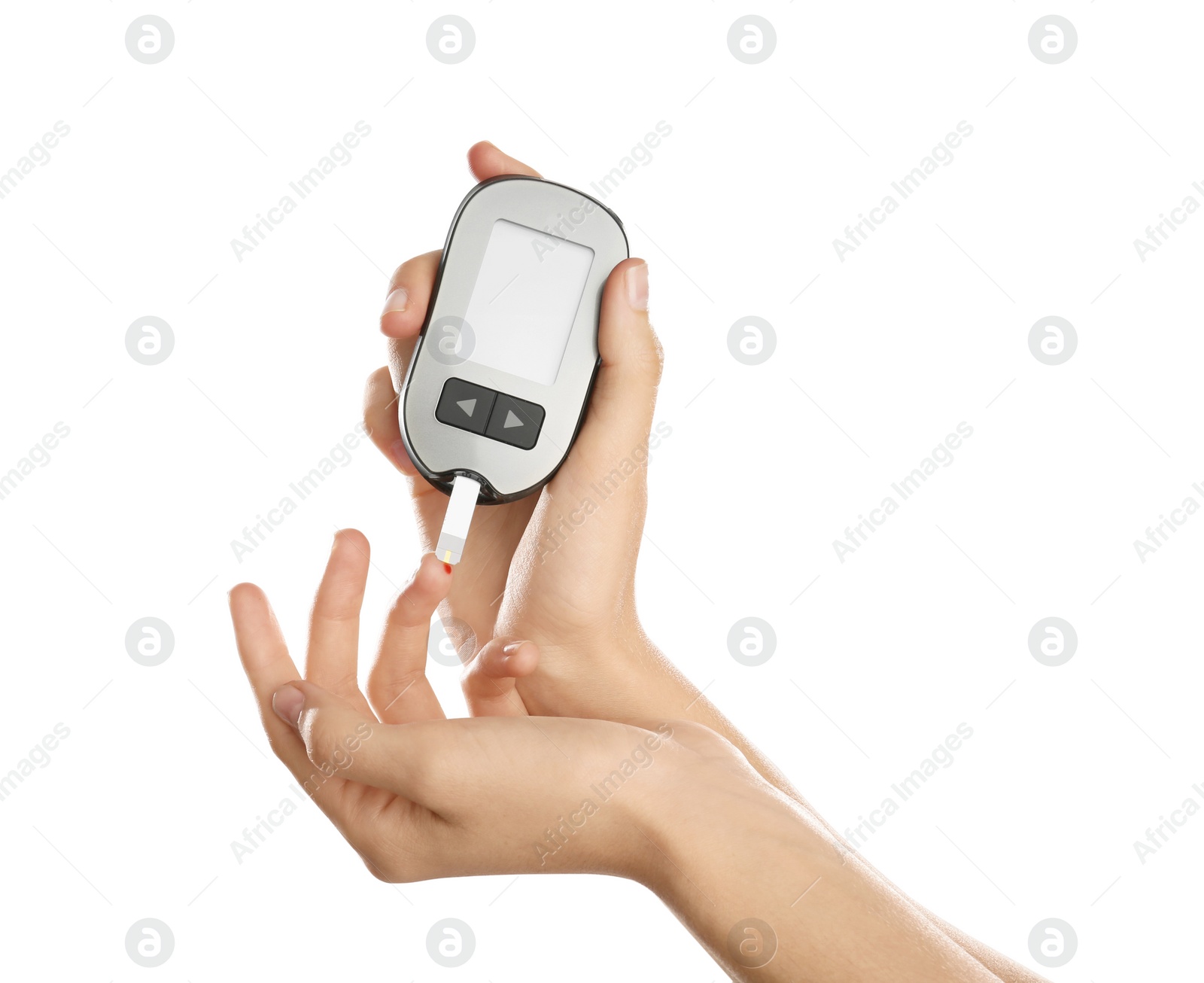 Photo of Woman checking blood sugar level with glucometer on white background. Diabetes test