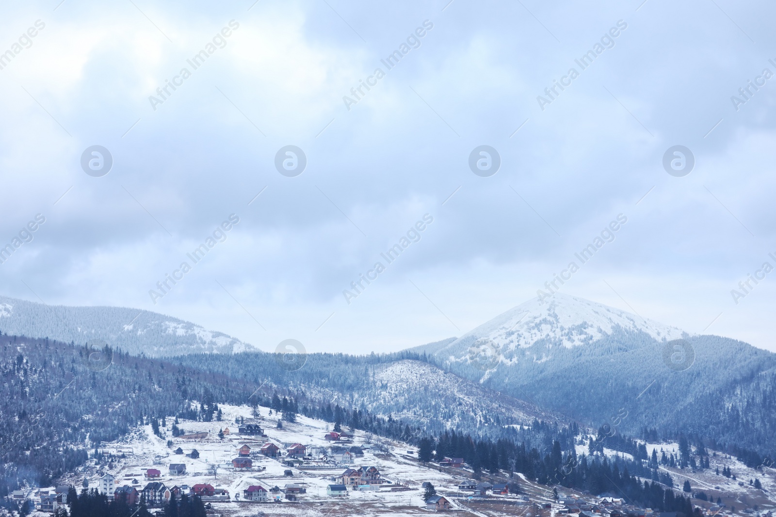 Photo of Winter landscape with mountain village near conifer forest