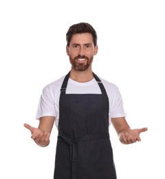 Photo of Professional hairdresser wearing apron on white background