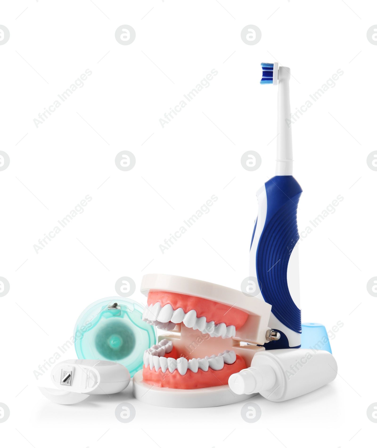 Photo of Composition with model of oral cavity and dental care items on white background. Healthy teeth