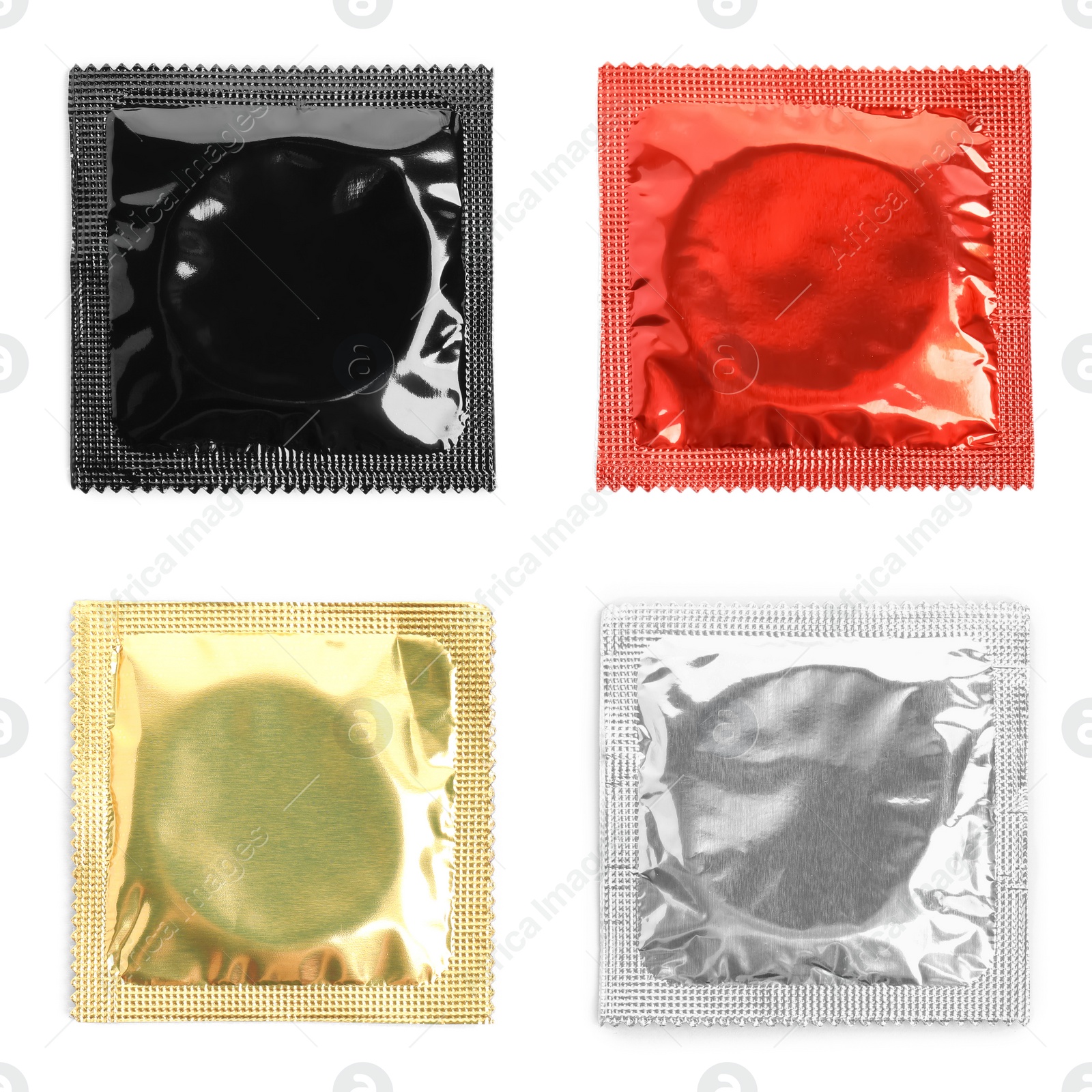 Image of Set with condoms in packages on white background, top view