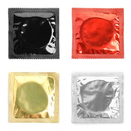 Image of Set with condoms in packages on white background, top view