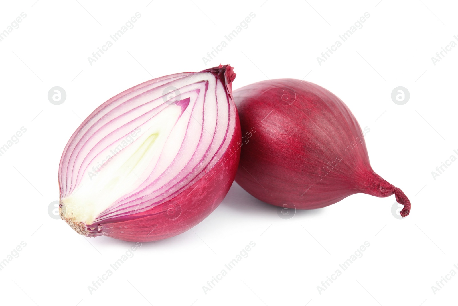 Photo of Fresh whole and cut red onions on white background