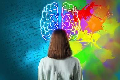 Logic and creativity. Woman and illustration of brain hemispheres. Different formulas and bright paint stains on background