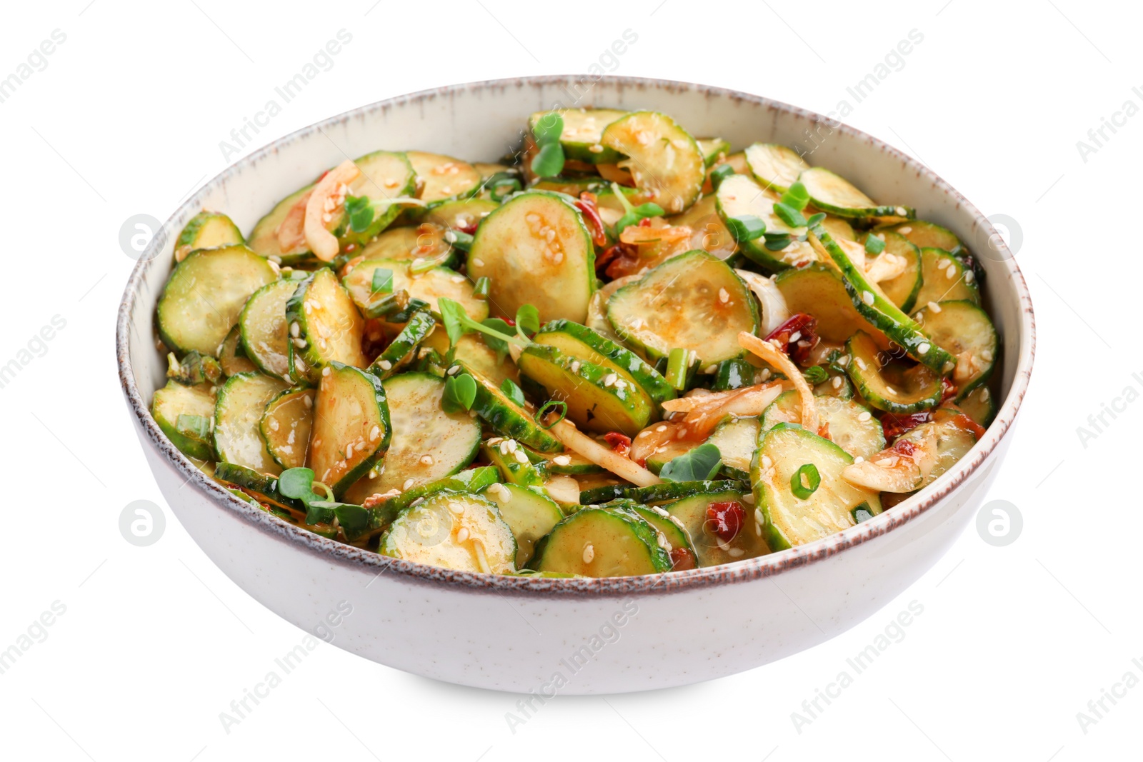 Photo of Bowl of delicious cucumber salad isolated on white