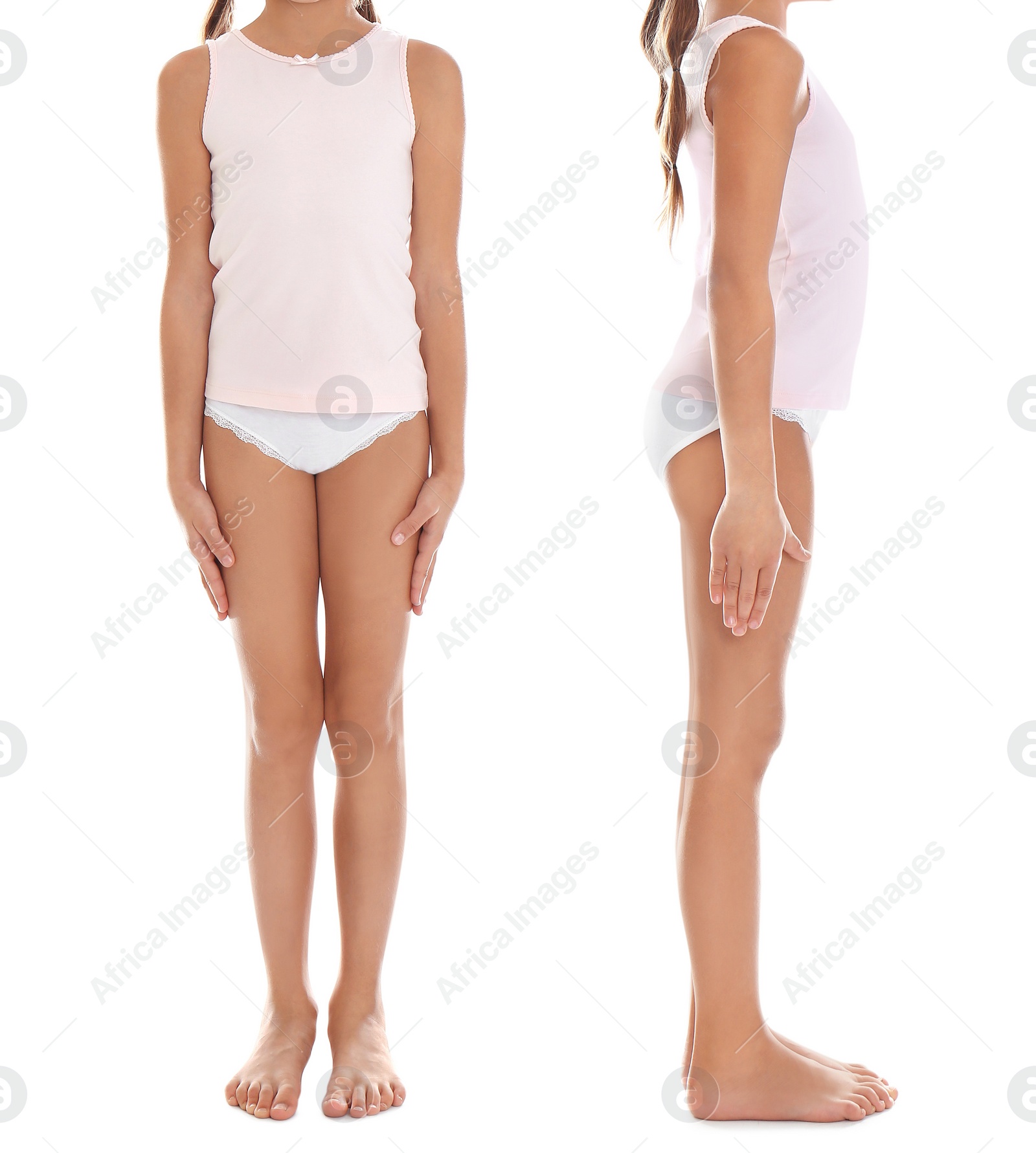 Image of Collage of little girl in underwear on white background