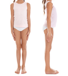 Collage of little girl in underwear on white background