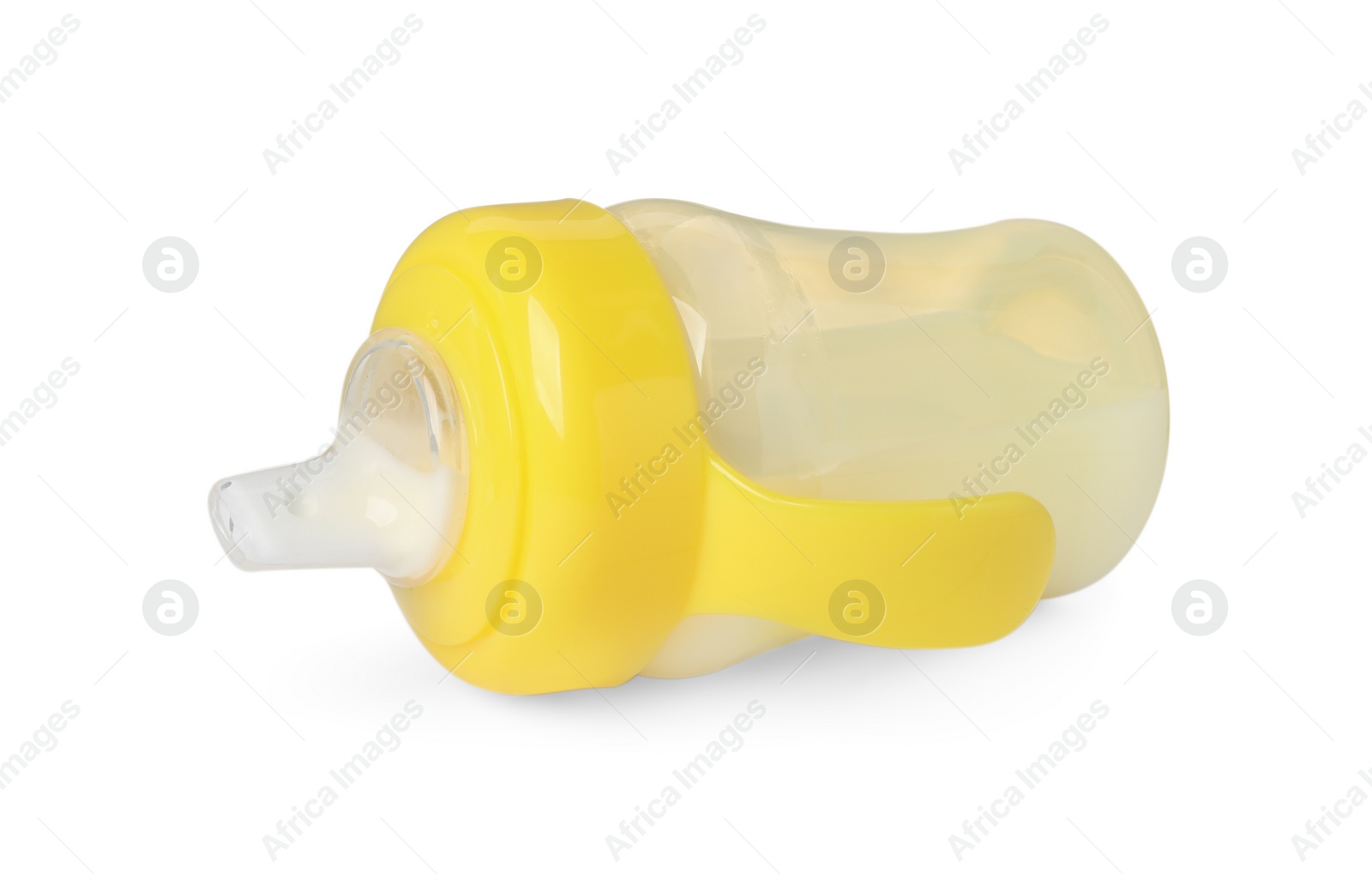 Photo of One feeding bottle with milk on white background