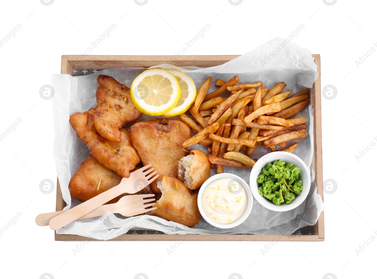 Photo of Tasty fish, chips, sauce and peas isolated on white, top view