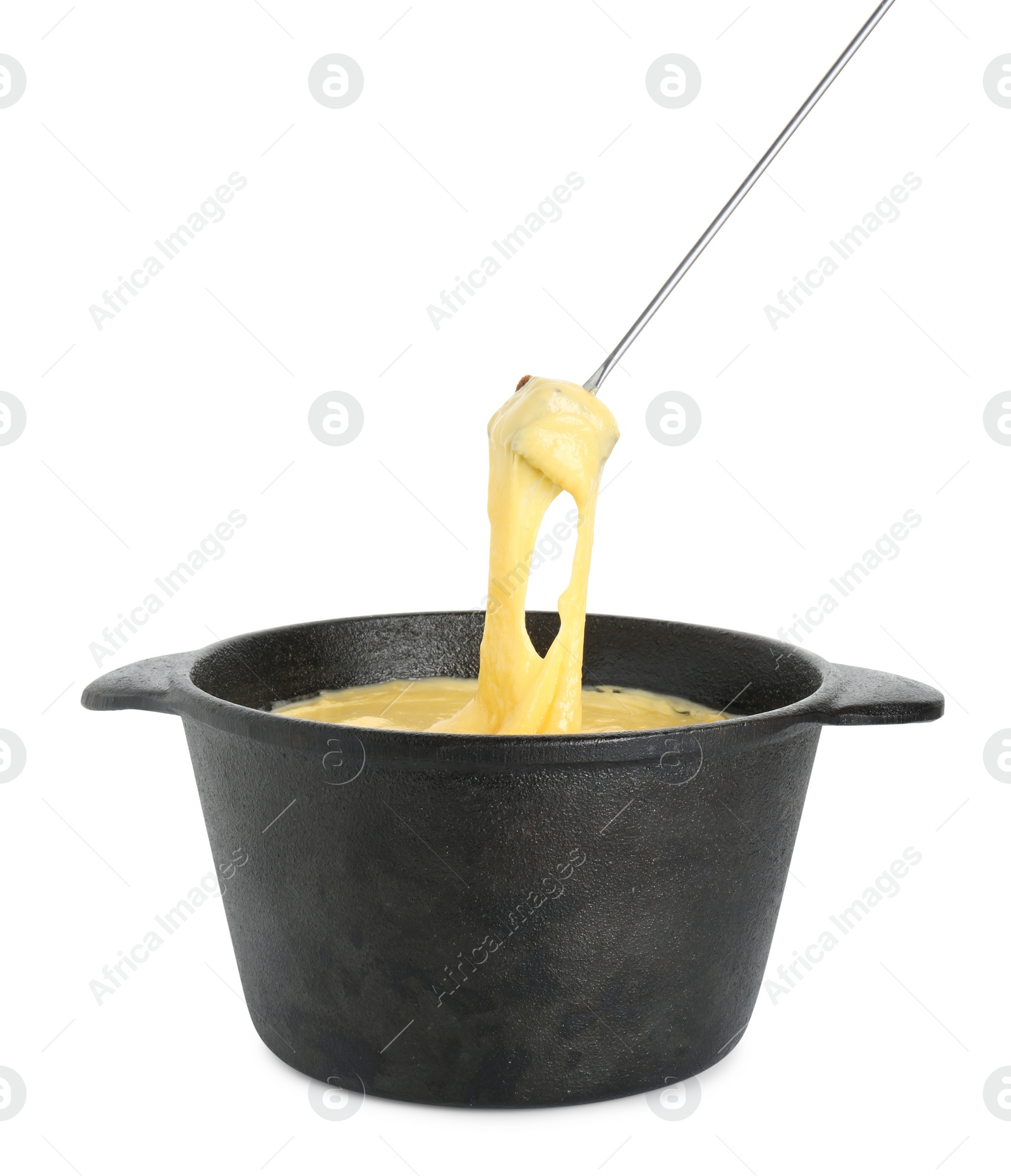 Photo of Dipping piece of bread into fondue pot with tasty melted cheese isolated on white