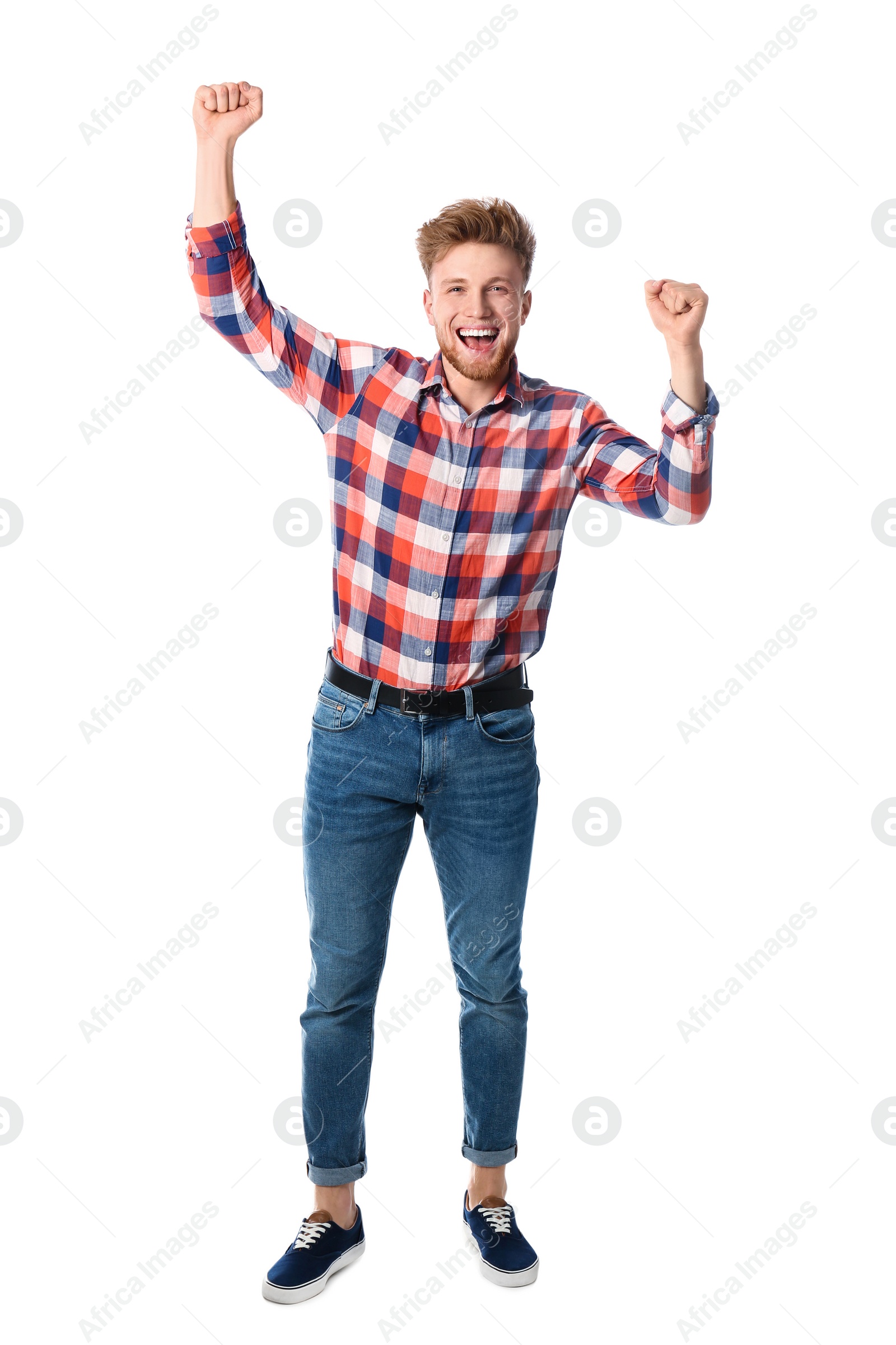 Photo of Full length portrait of emotional handsome man on white background