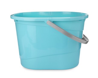 Photo of Empty light blue bucket for cleaning isolated on white