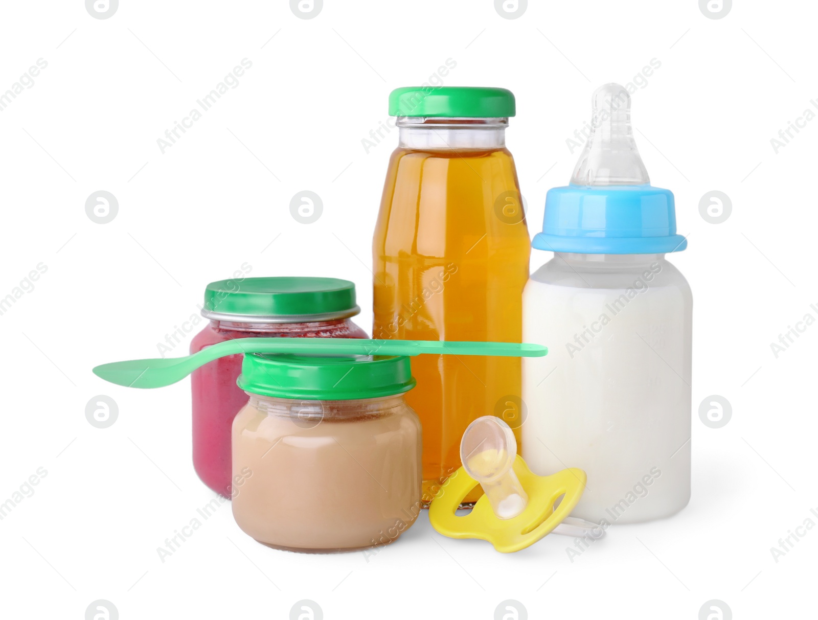 Photo of Healthy baby food, bottles with juice, milk and pacifier on light grey background