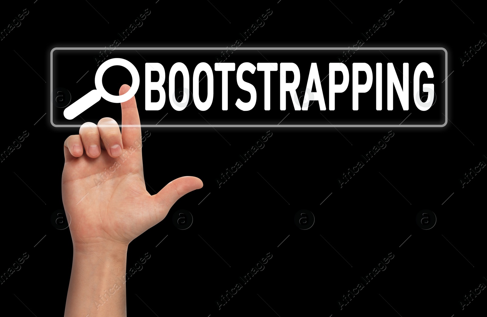 Image of Man touching virtual screen with word BOOTSTRAPPING in search bar on black background, closeup