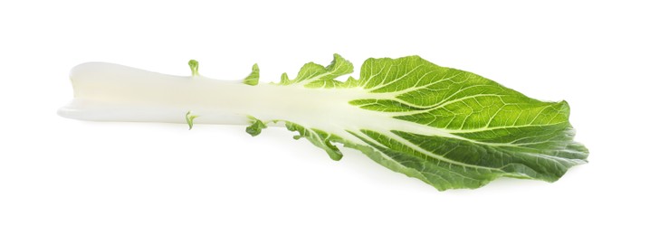 Photo of Fresh leaf of green pak choy cabbage isolated on white, top view