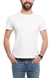 Photo of Young man in t-shirt on white background, closeup. Mock up for design