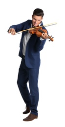 Happy man playing violin on white background