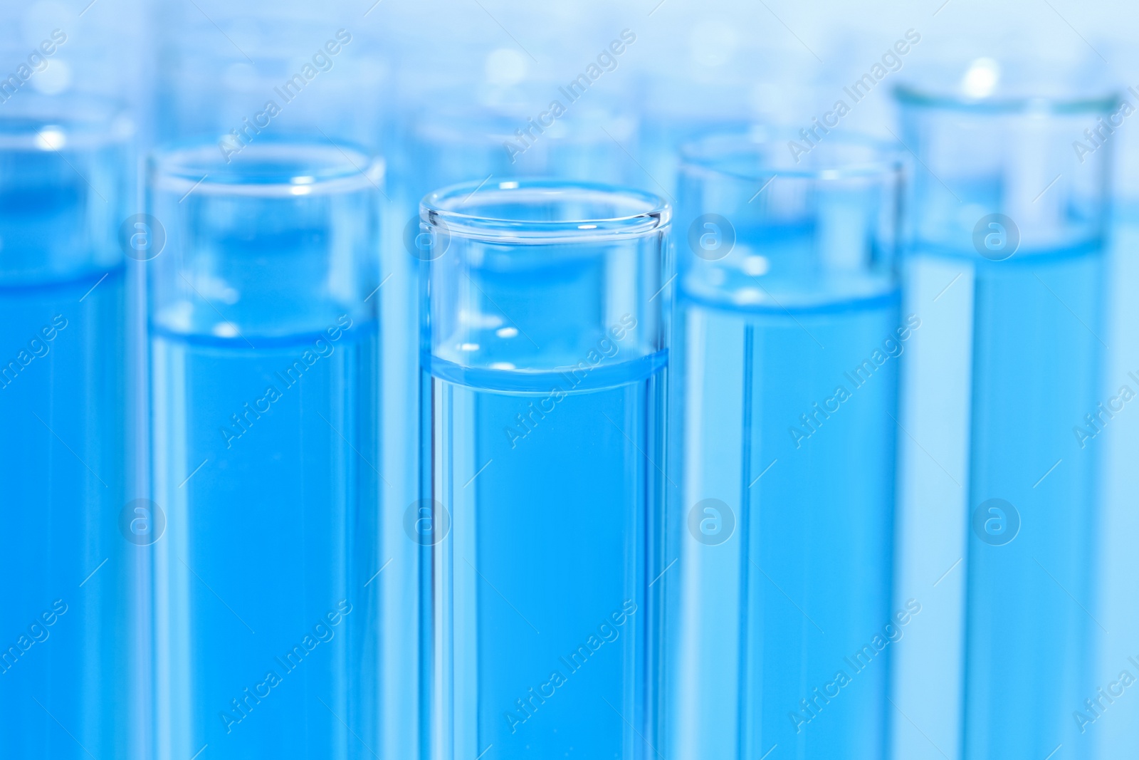 Photo of Test tubes with light blue reagents, closeup. Laboratory analysis