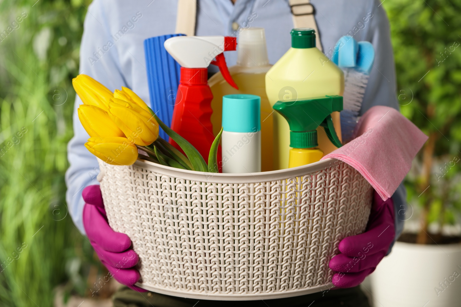 Photo of Woman holding basket with spring flowers and cleaning supplies outdoors, closeup