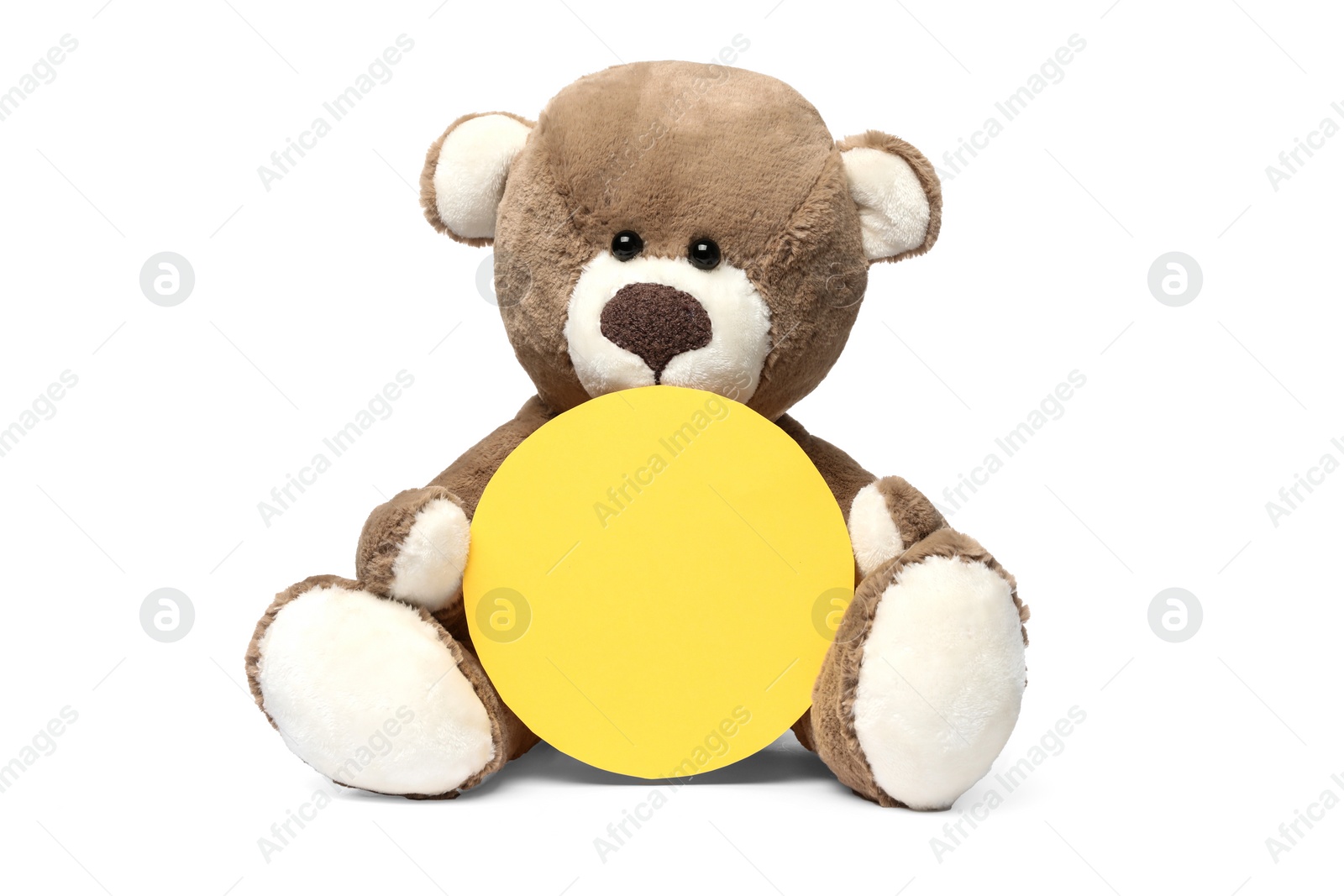 Photo of Cute teddy bear with blank card isolated on white, space for text