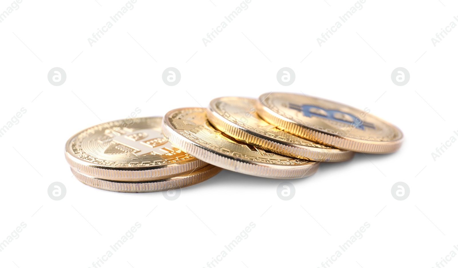 Photo of Golden bitcoins on white background. Digital currency