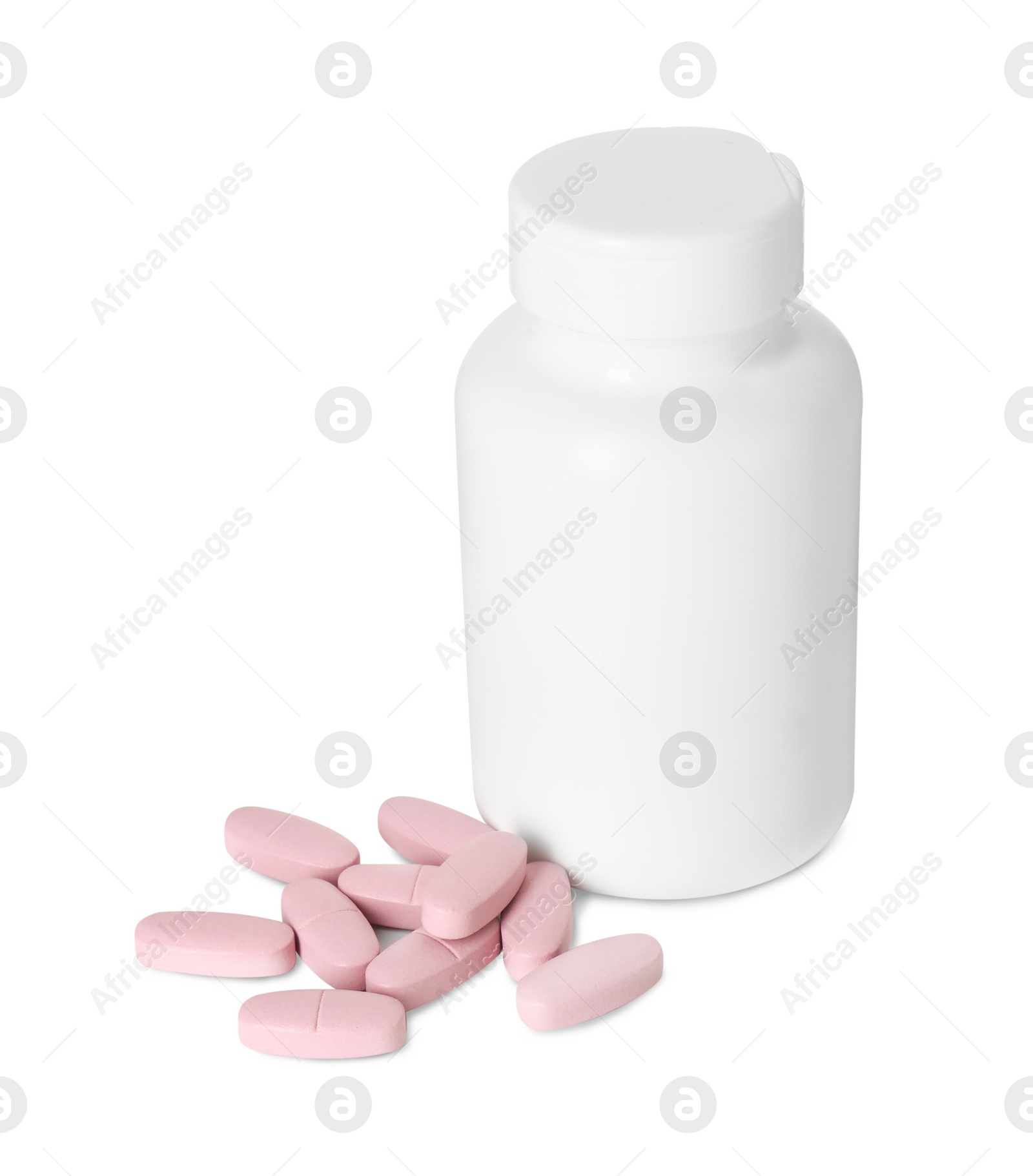 Photo of Bottle and pile of vitamin pills isolated on white