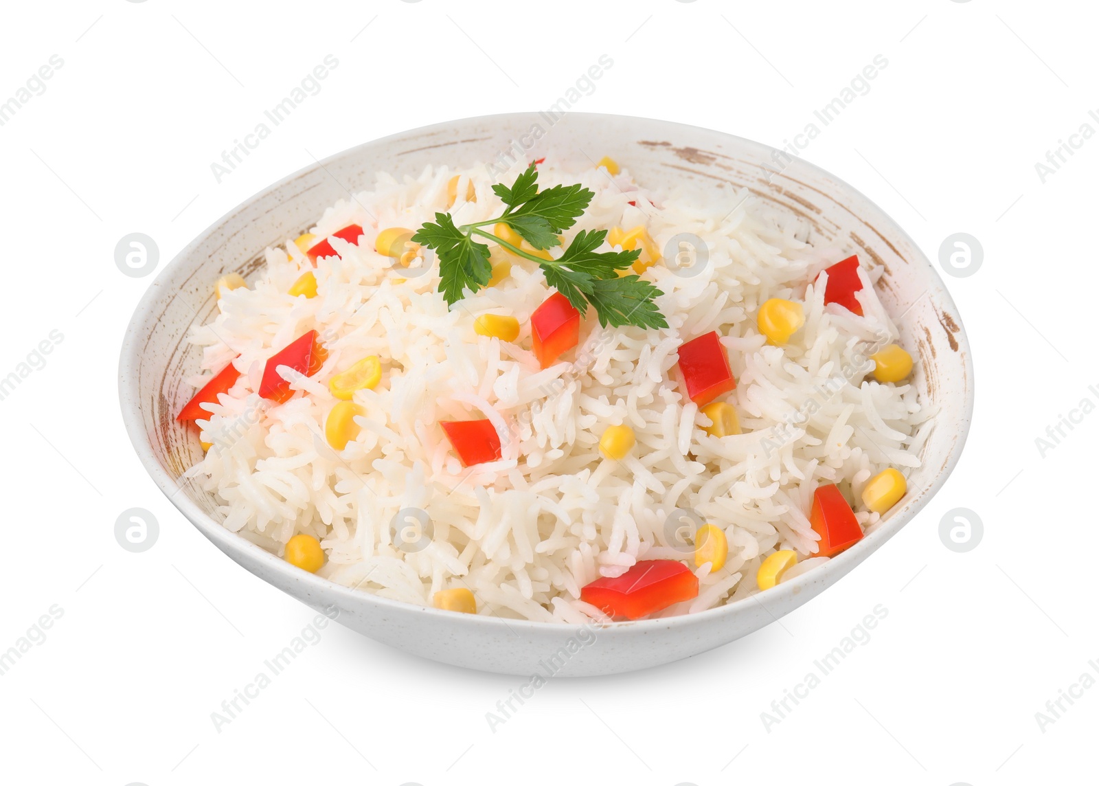 Photo of Delicious rice with vegetables and parsley isolated on white