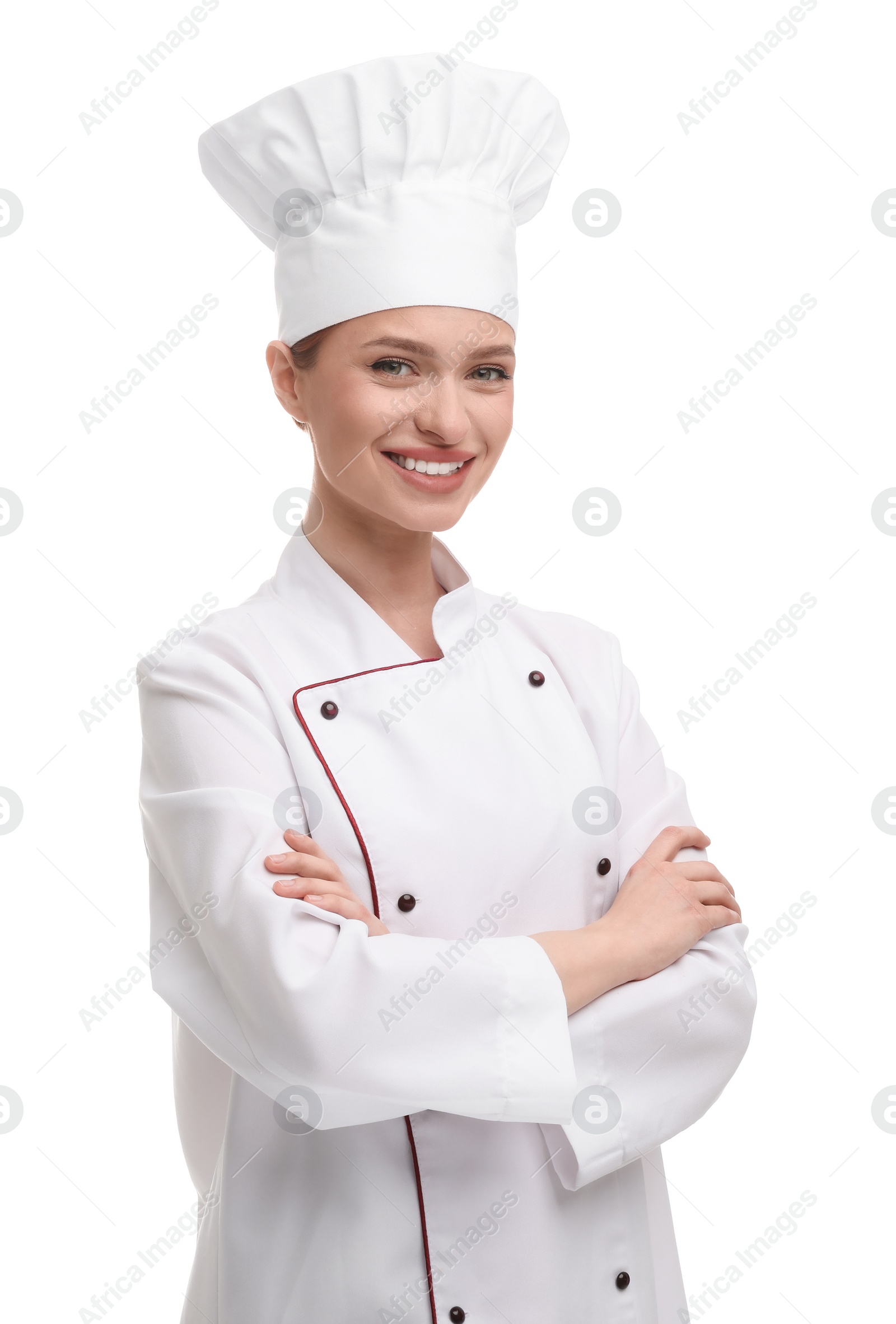 Photo of Happy woman chef in uniform on white background