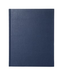 Closed book with blue hard cover isolated on white
