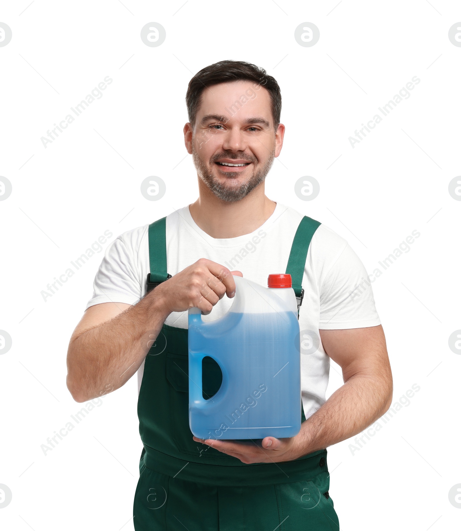 Photo of Man holding canister with blue liquid on white background