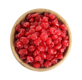 Photo of Bowl with tasty cherries on white background, top view. Dried fruits as healthy food
