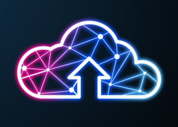 Illustration of Web hosting service. Glowing neon cloud with arrow illustration on dark background
