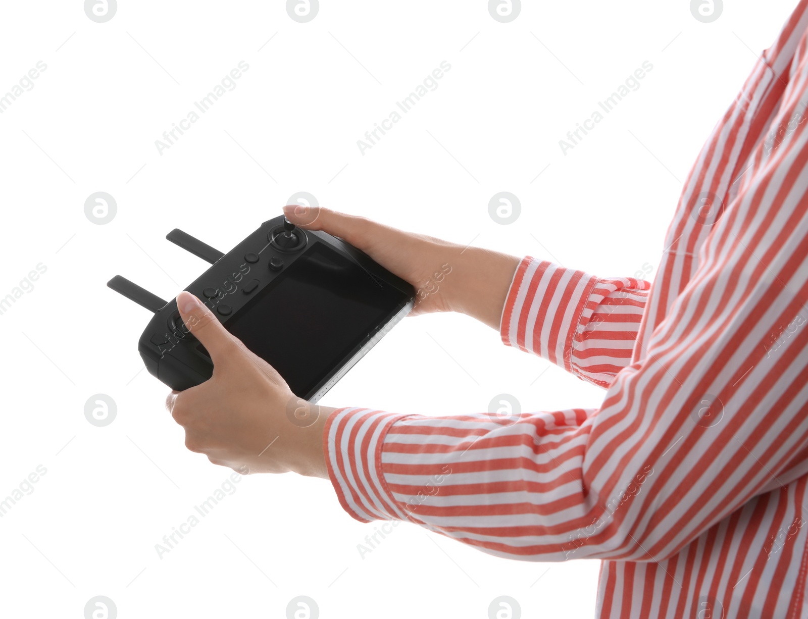 Photo of Woman holding new modern drone controller on white background, closeup of hands