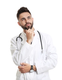 Young male doctor in uniform isolated on white