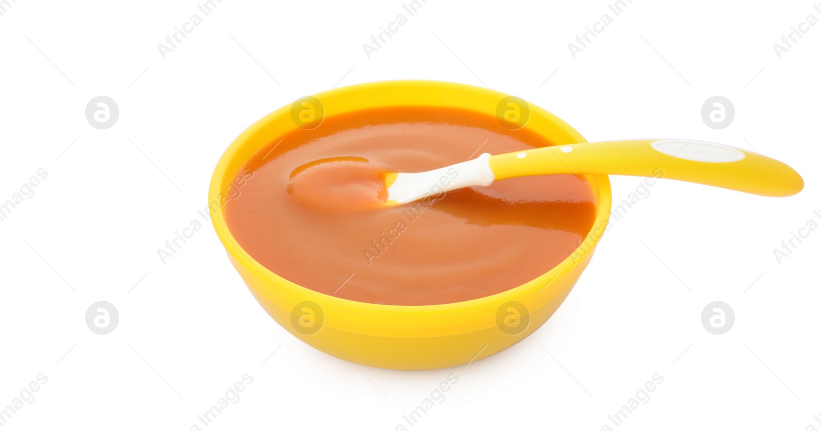 Photo of Healthy baby food in bowl on white background