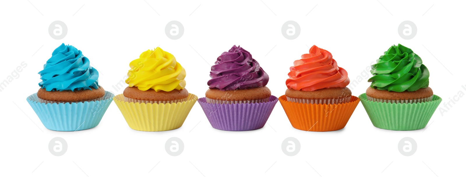 Photo of Different delicious colorful cupcakes on white background