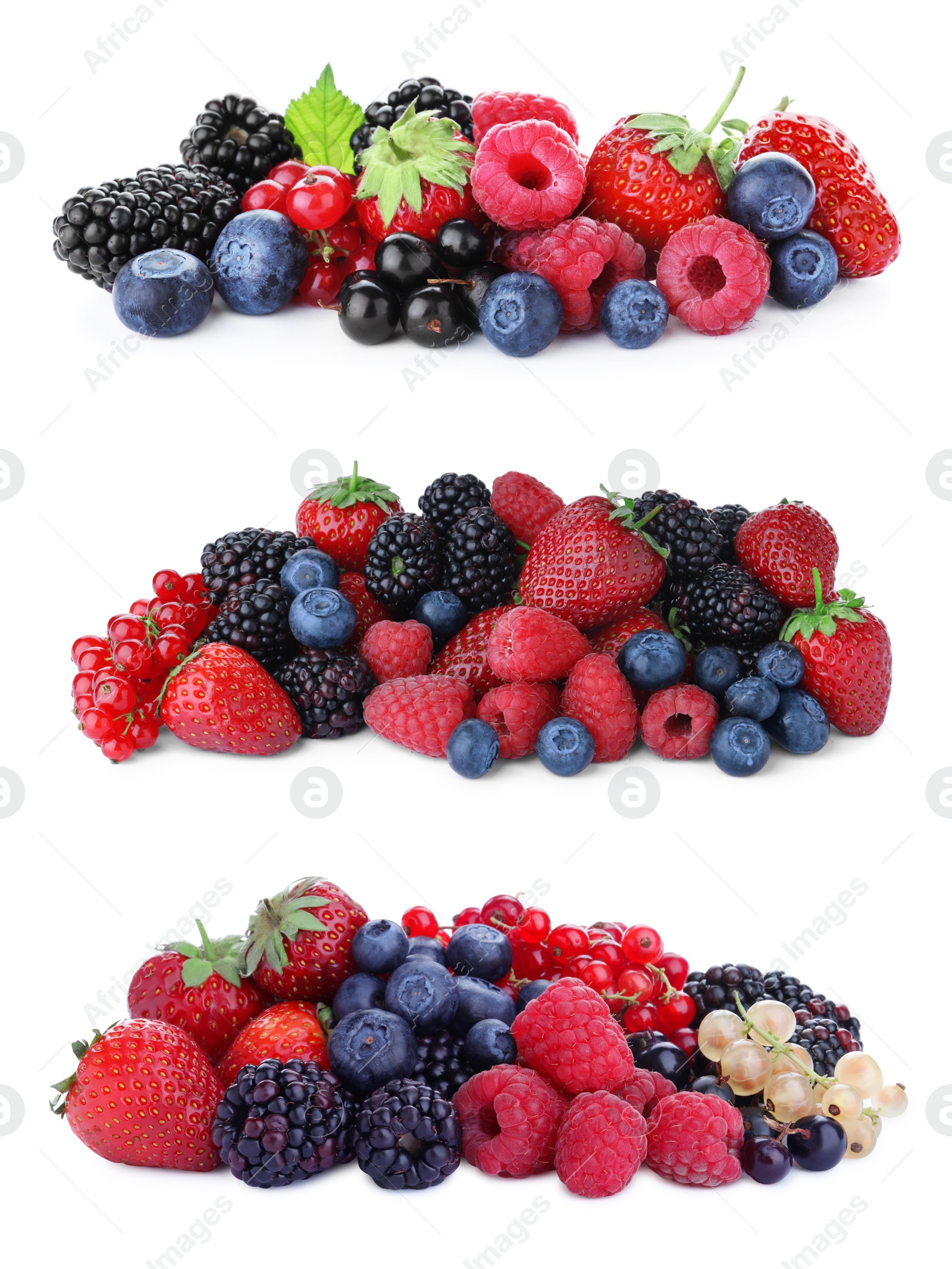 Image of Set of different mixed berries on white background