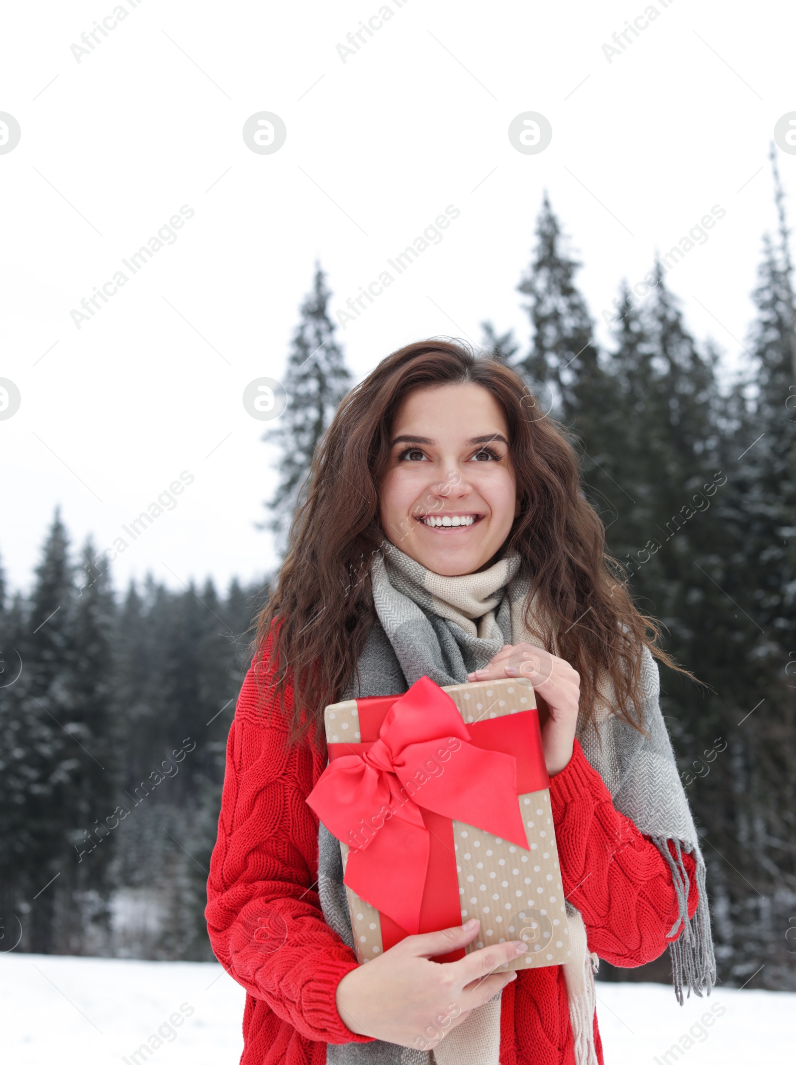 Photo of Happy woman with gift box outdoors. Winter vacation