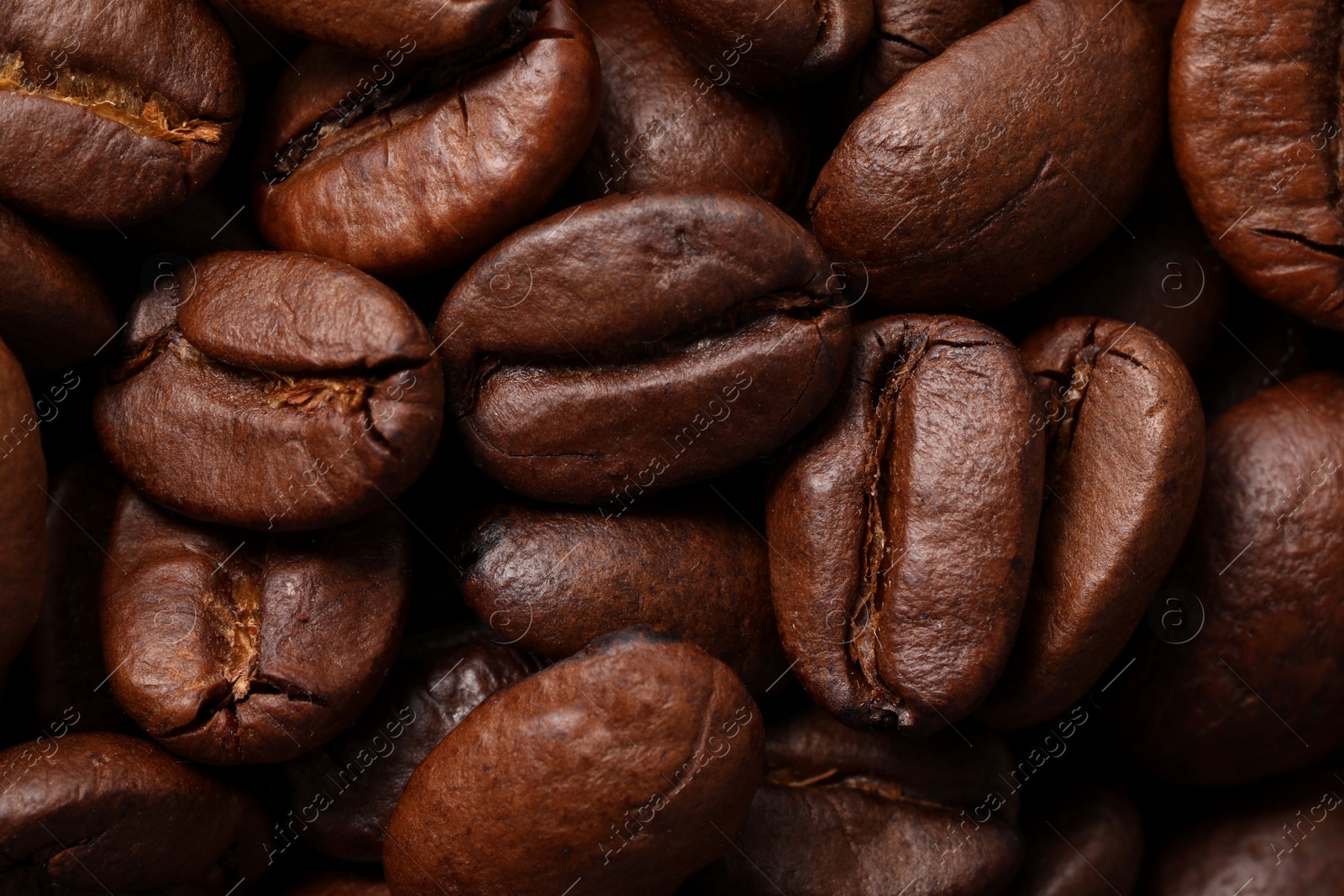 Photo of Aromatic roasted coffee beans as background, top view