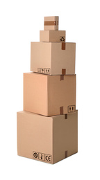 Image of Stack of parcels with different packaging symbols on white background  