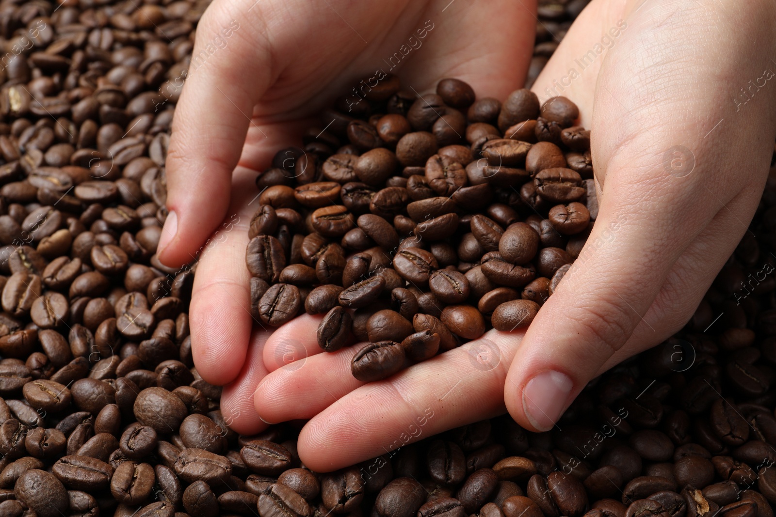 Photo of Woman with roasted coffee beans, closeup view