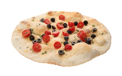 Photo of Traditional Italian focaccia bread with olives, cheese, tomatoes and thyme isolated on white