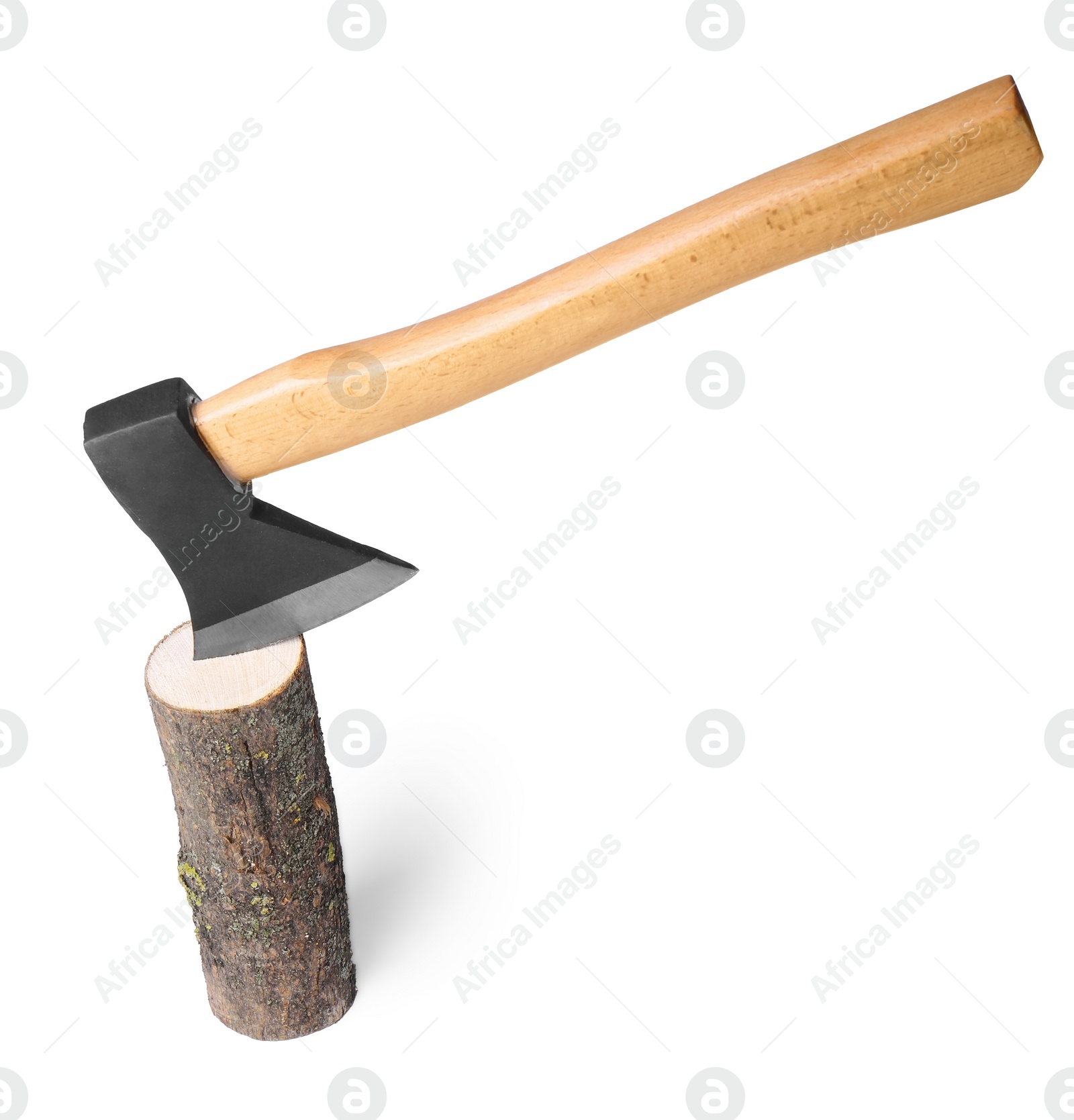 Photo of Metal ax in wooden log on white background
