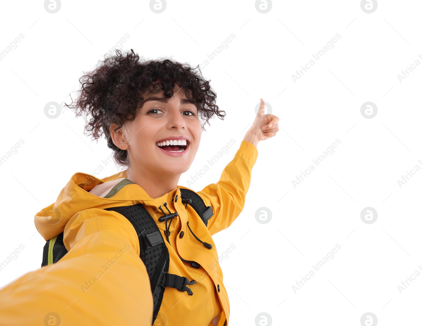 Photo of Beautiful woman taking selfie on white background