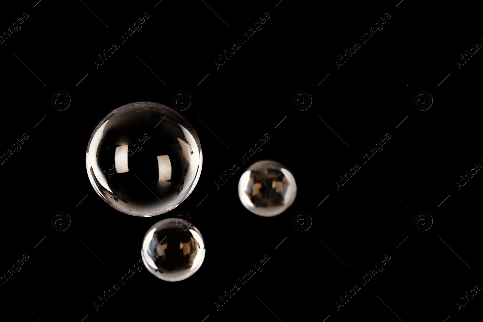 Photo of Beautiful translucent soap bubbles on dark background. Space for text