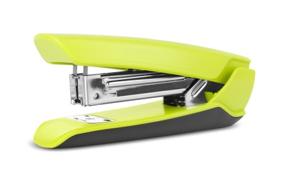 One new light green stapler isolated on white