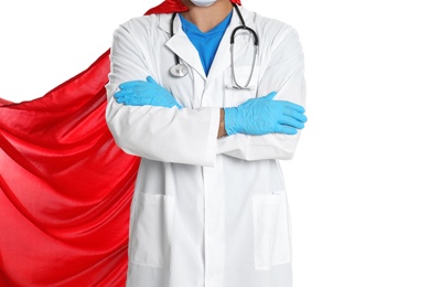 Photo of Doctor wearing cape on white background, closeup. Super hero power for medicine