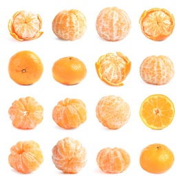 Set of fresh ripe tangerines on white background