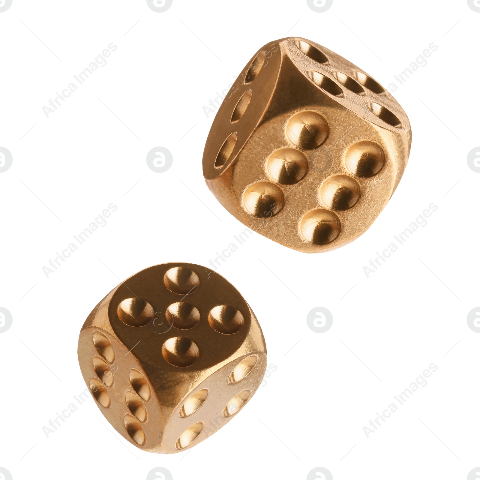 Image of Two golden dice in air on white background