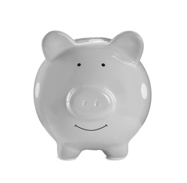 Photo of Grey piggy bank on white background. Money saving